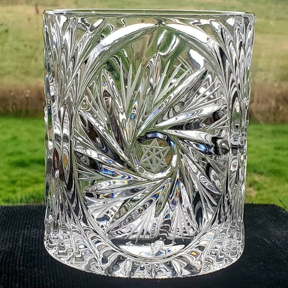 Source Unknown Other - Pinwheel Hand Cut Etched Lead Crystal Vase Candle Holder Poland 4.5" bisquit jar